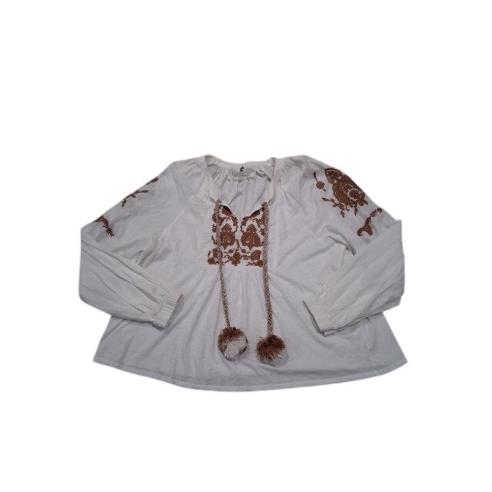 Cupio Women White Boho Embroidered Peasant Blouse Tassel Tie XL-Sooo Soft